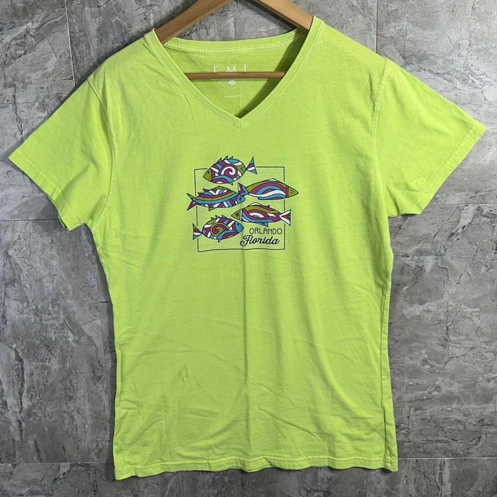 EMI Sportswear lime green Orlando Florida fish graphic Woman's tee shirt  XXL
